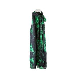 Milly 100 % silk Black and Green Floral Tie-Neck Dress abstract print